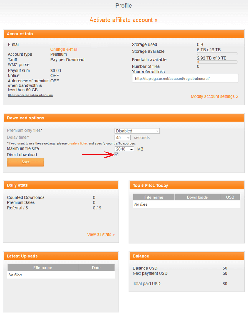 Enable 'Direct download' option in Rapidgator account settings